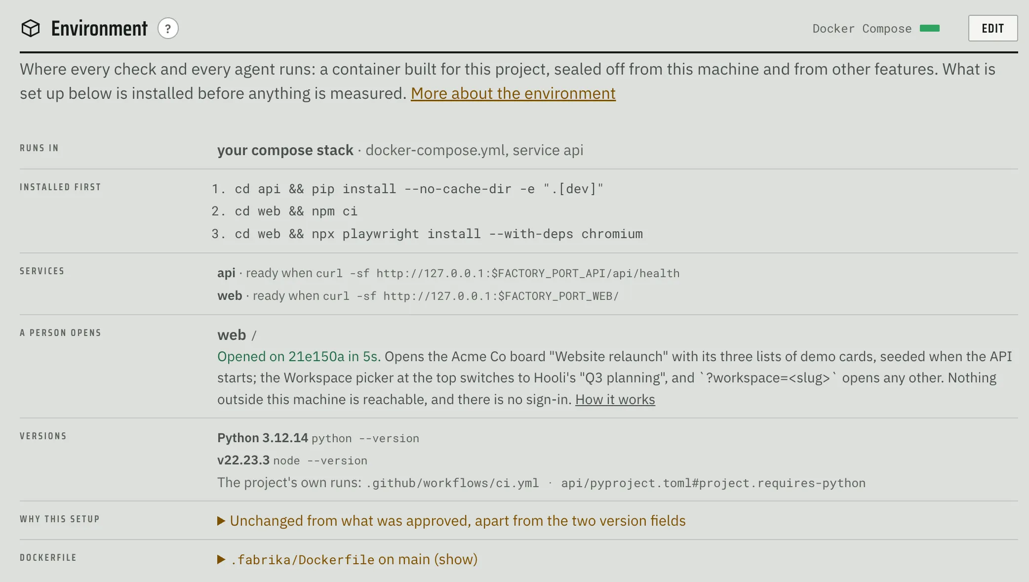 Fabrika’s Environment tab describing the Docker Compose setup: install commands, service health checks, the page a person opens, runtime versions, and the Dockerfile.