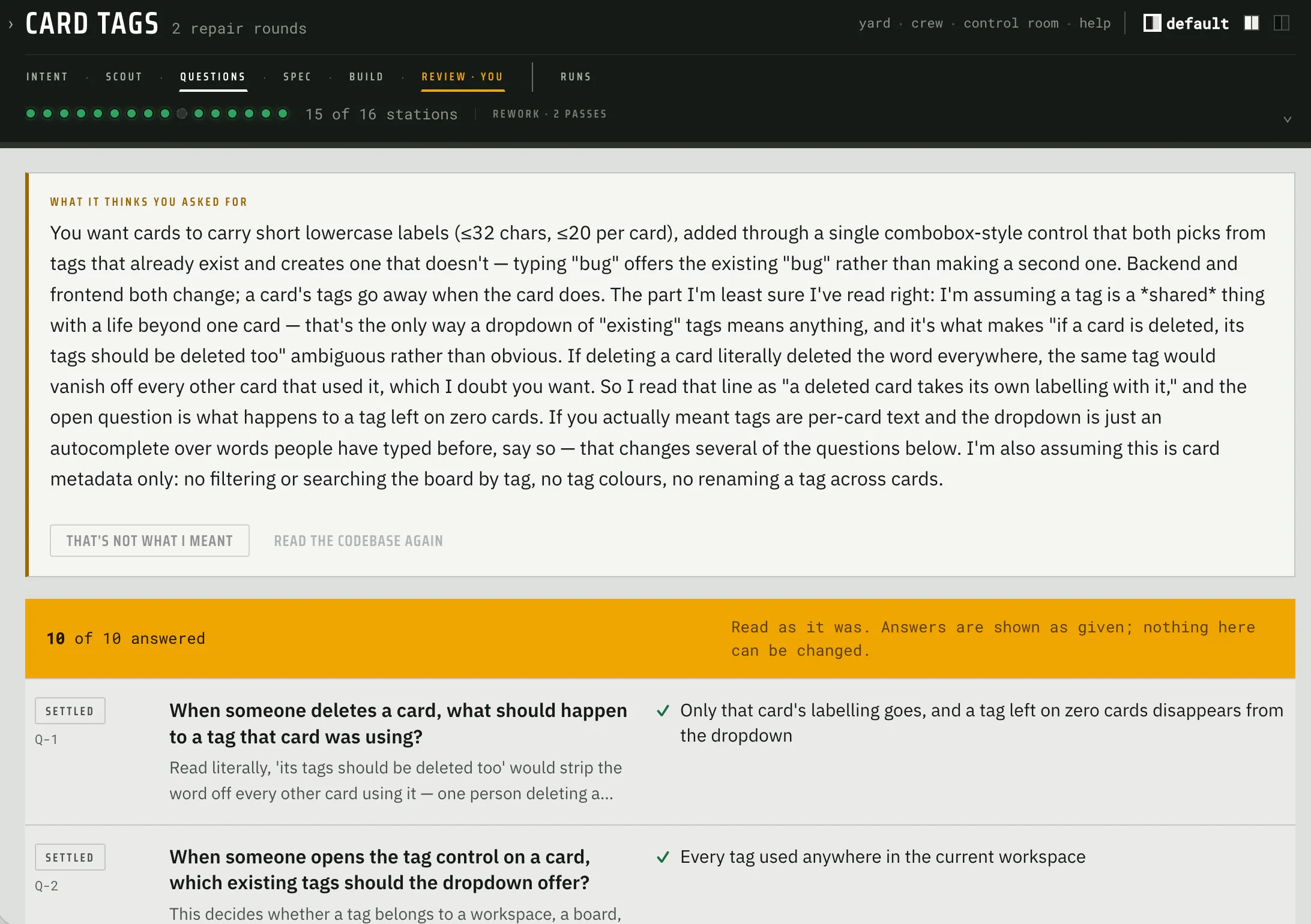 Fabrika’s Questions tab for the Card Tags feature, restating what it thinks was asked for, followed by answered clarifying questions about tag deletion and dropdown scope.
