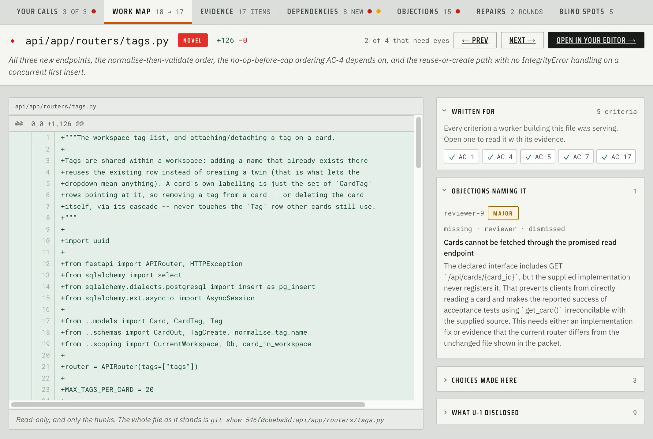Fabrika’s file view for the novel api/app/routers/tags.py, with its diff beside the criteria it serves and a major reviewer objection naming it.
