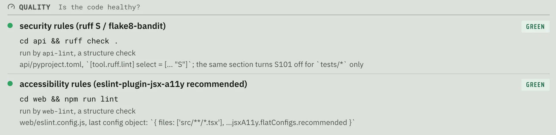 Fabrika’s quality checks showing passing ruff security rules for the API and jsx-a11y accessibility rules for the web app, with where each is configured.