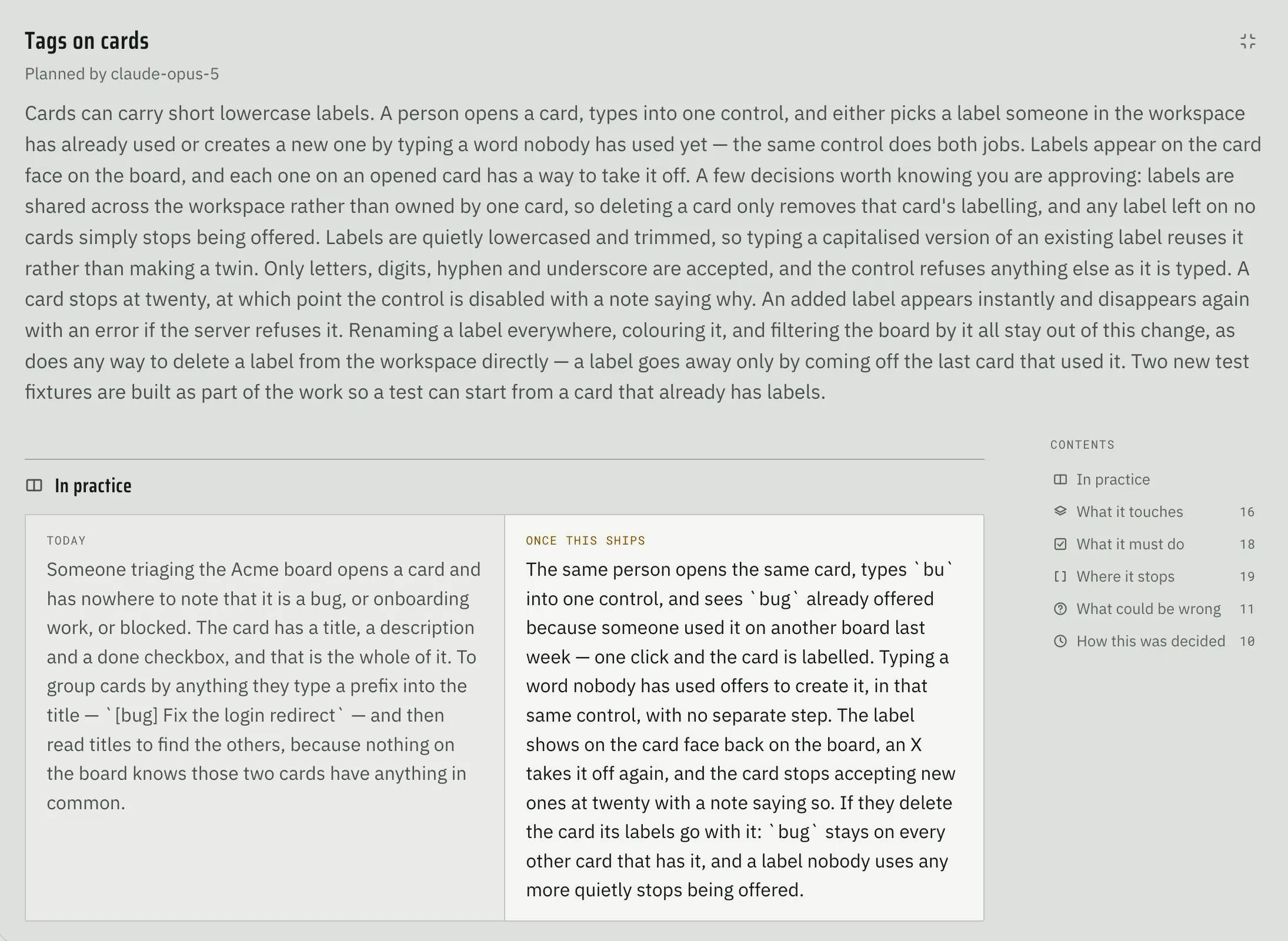 Fabrika’s spec for a Tags on cards feature, with a plain-language summary above side-by-side Today and Once this ships panels, plus a contents sidebar.