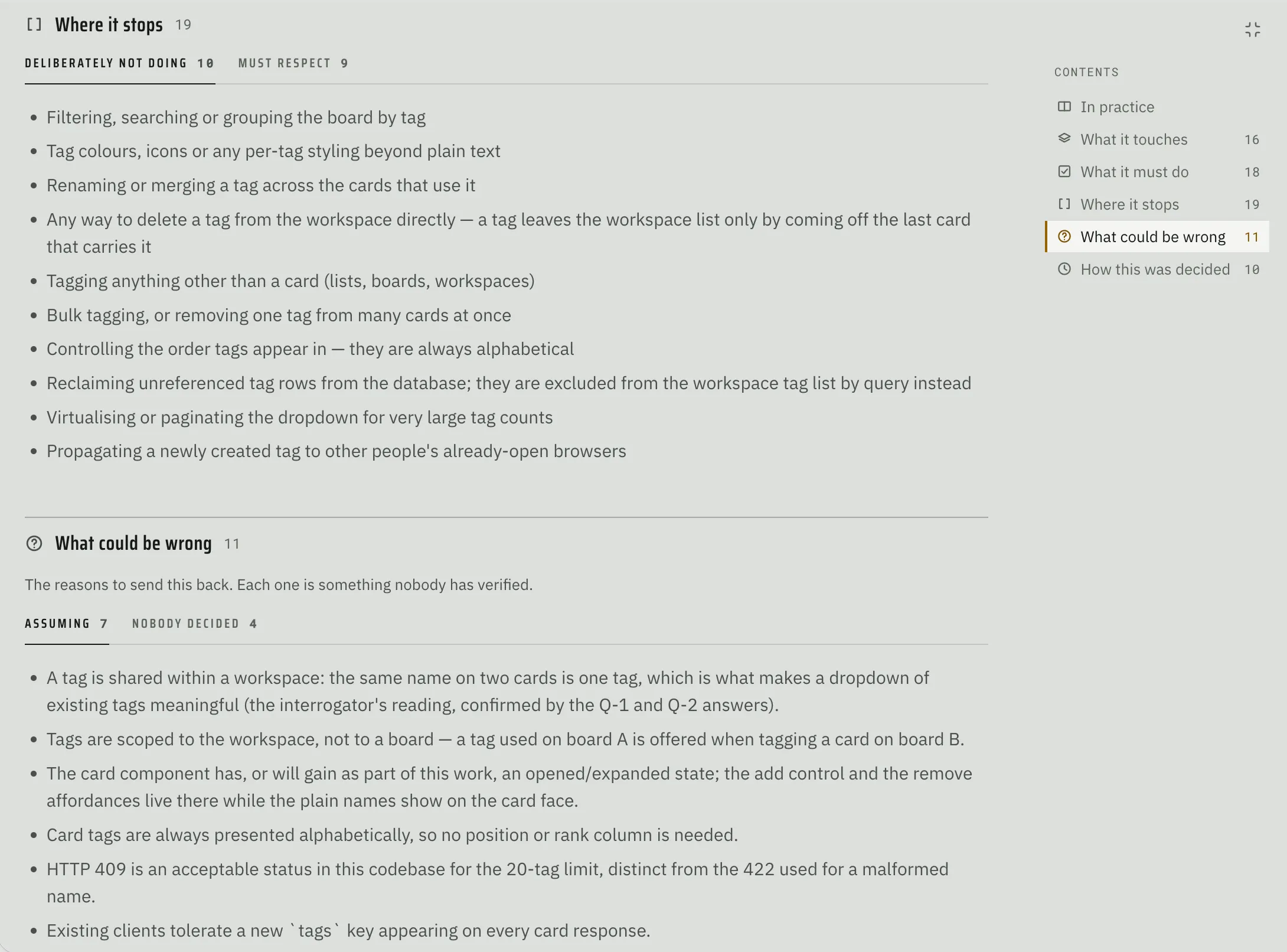 Fabrika’s Where it stops section listing ten things deliberately not done, followed by What could be wrong with assumptions the spec makes about tags.