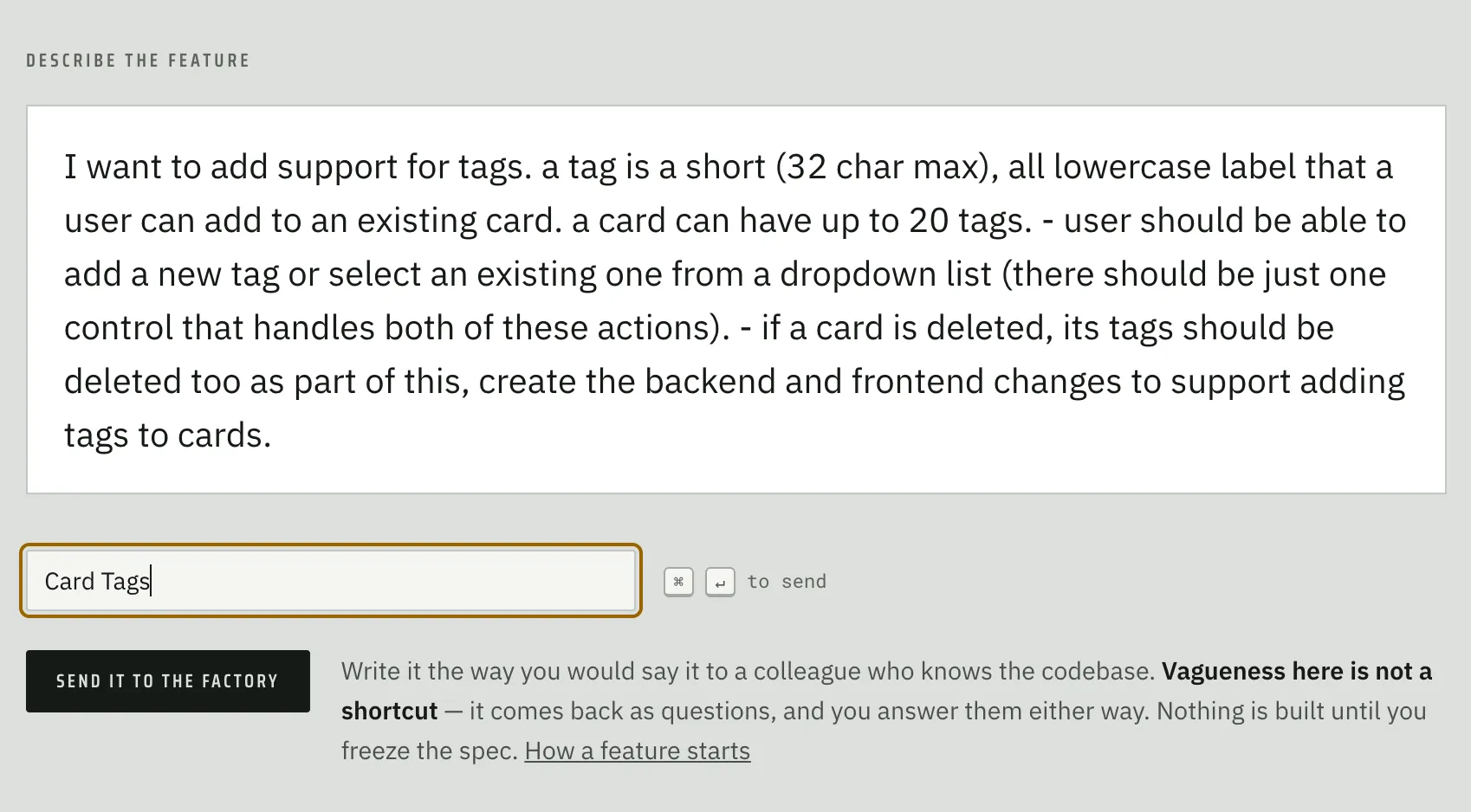 Fabrika’s new feature form with a prompt describing card tags, the feature named Card Tags, and a Send It to the Factory button.
