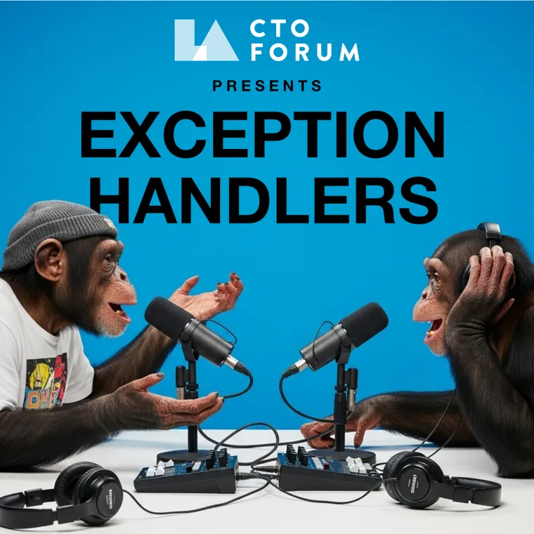 Exception Handlers cover art: two chimpanzees recording a podcast