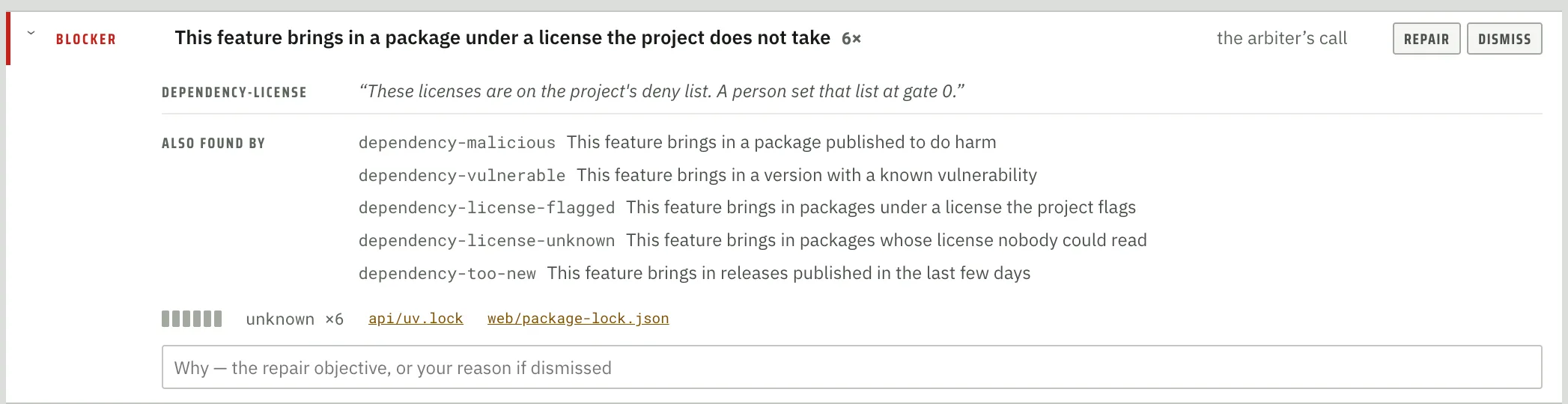 A blocker: a package under a license the project said it would not take.