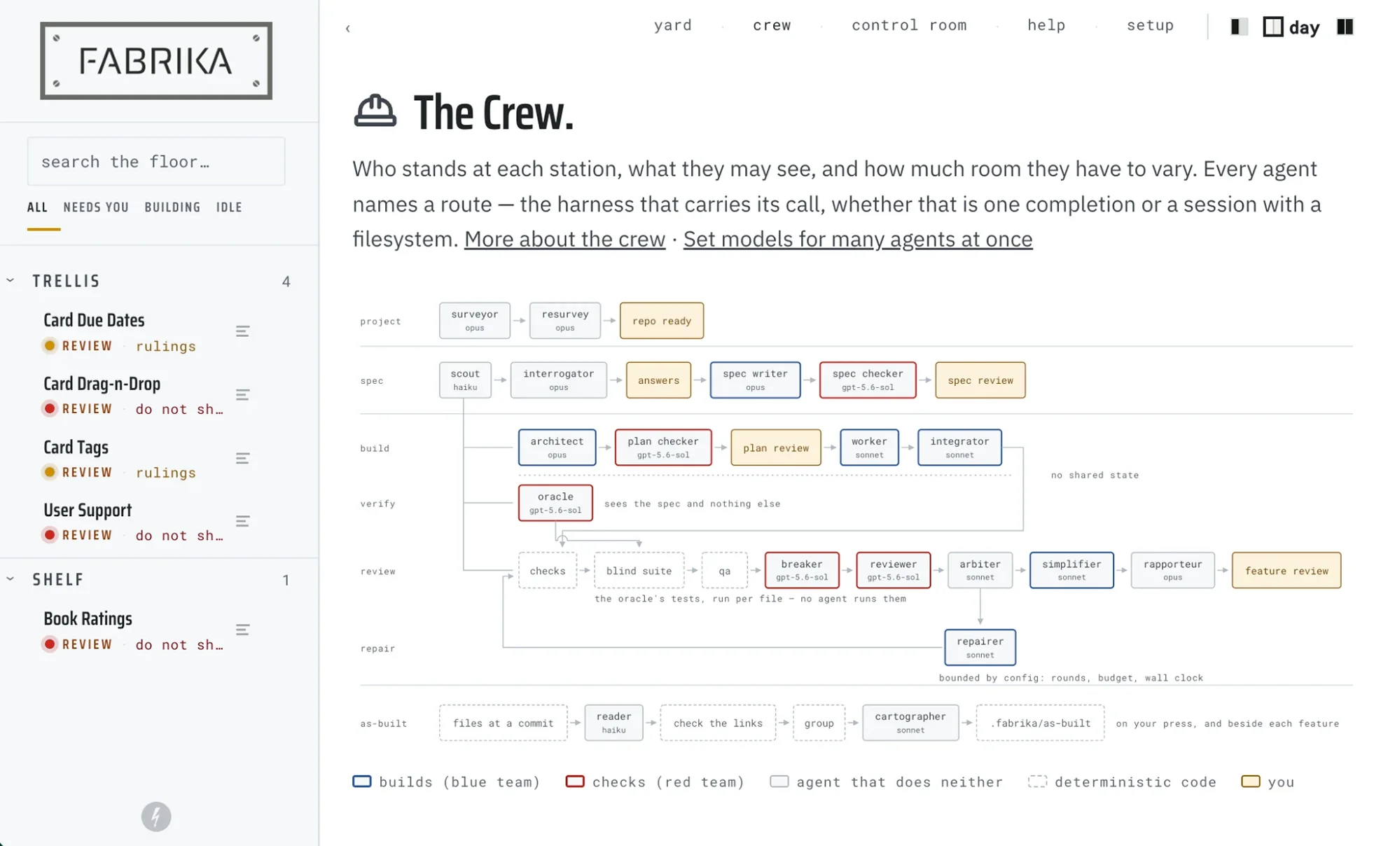The crew page in the day skin: the board joins the floor as one light room.