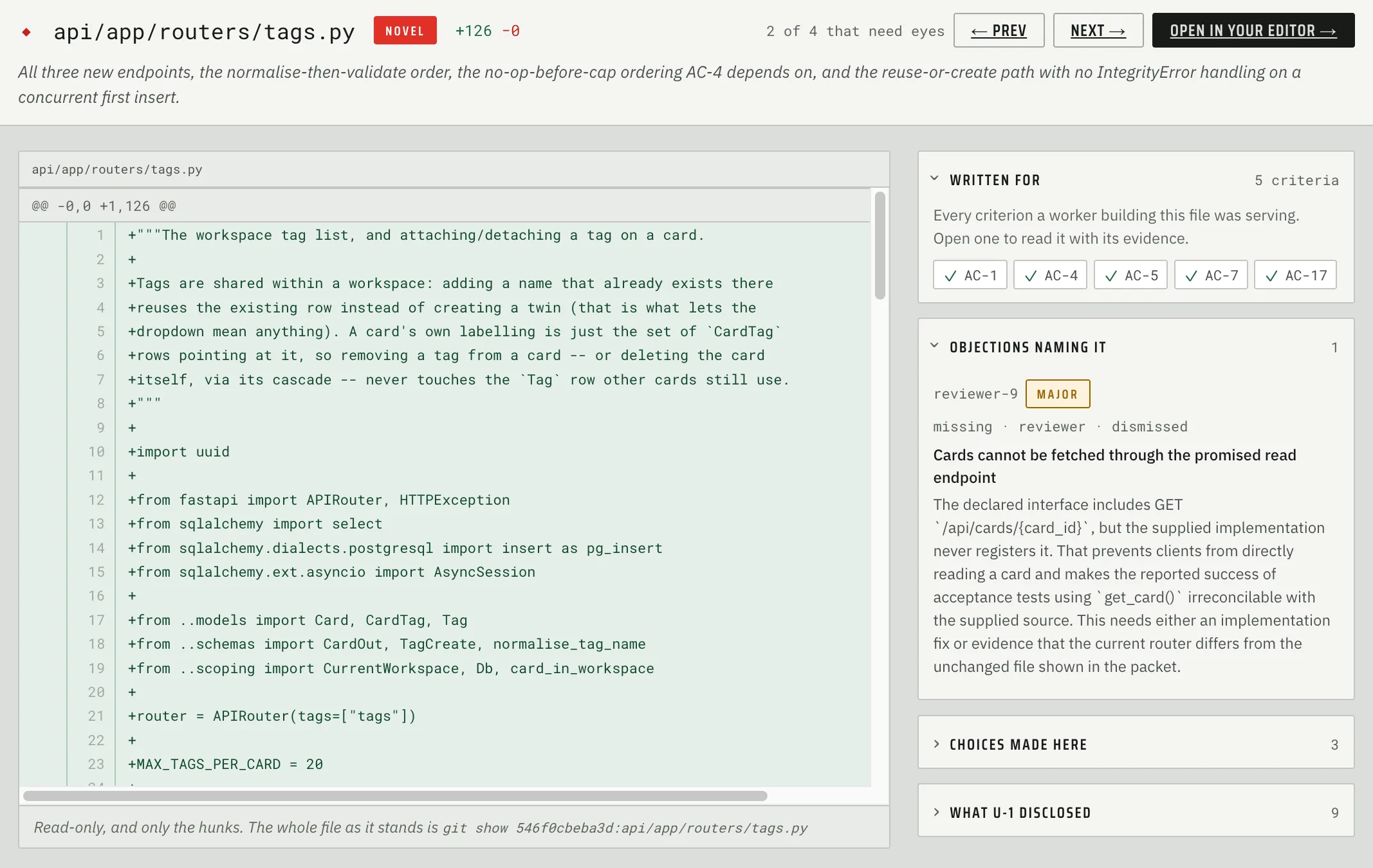 One file: the diff, the criteria it was written for, and the objections that name it.