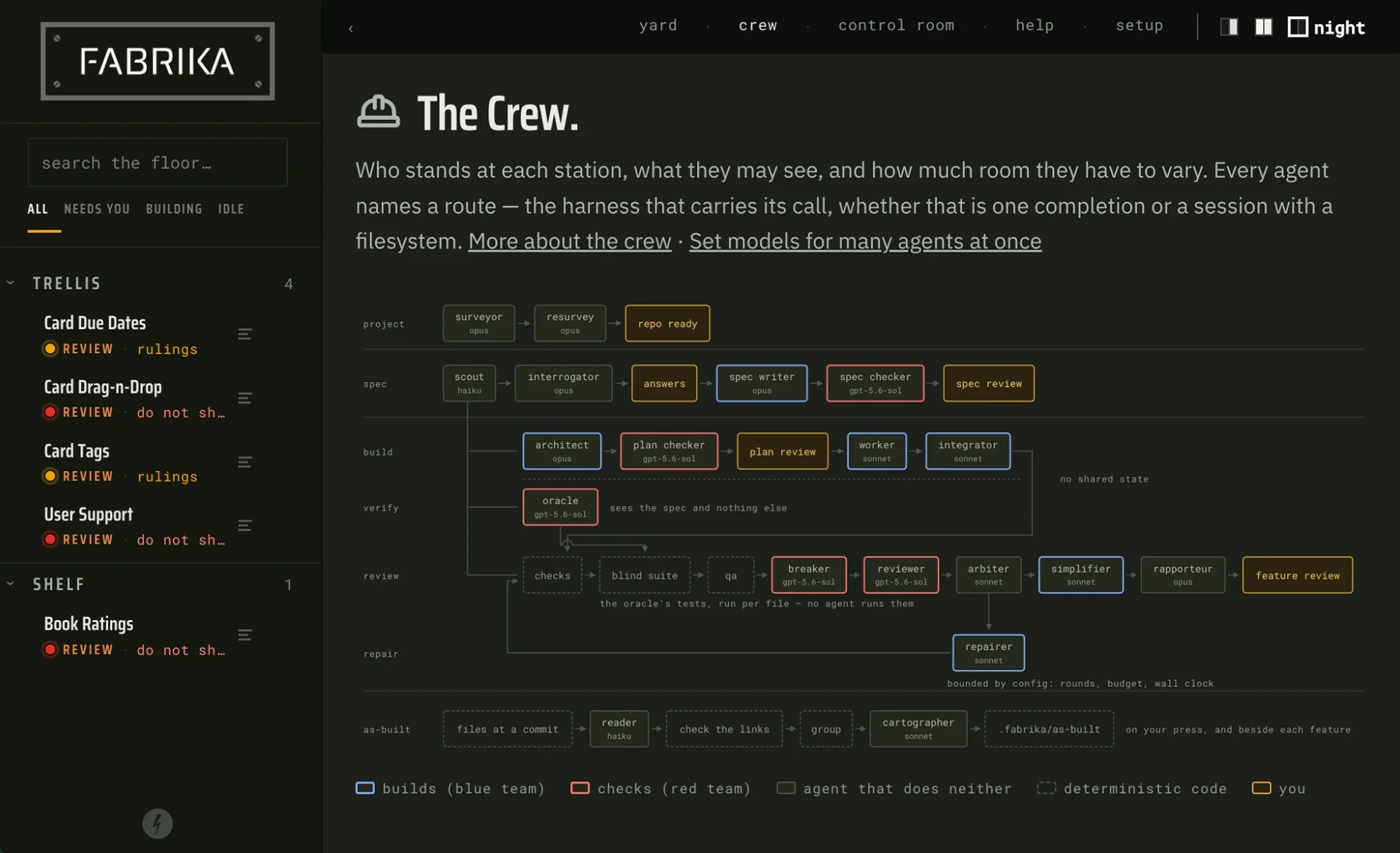 The crew page in the night skin: the floor goes dark and the board darker still.