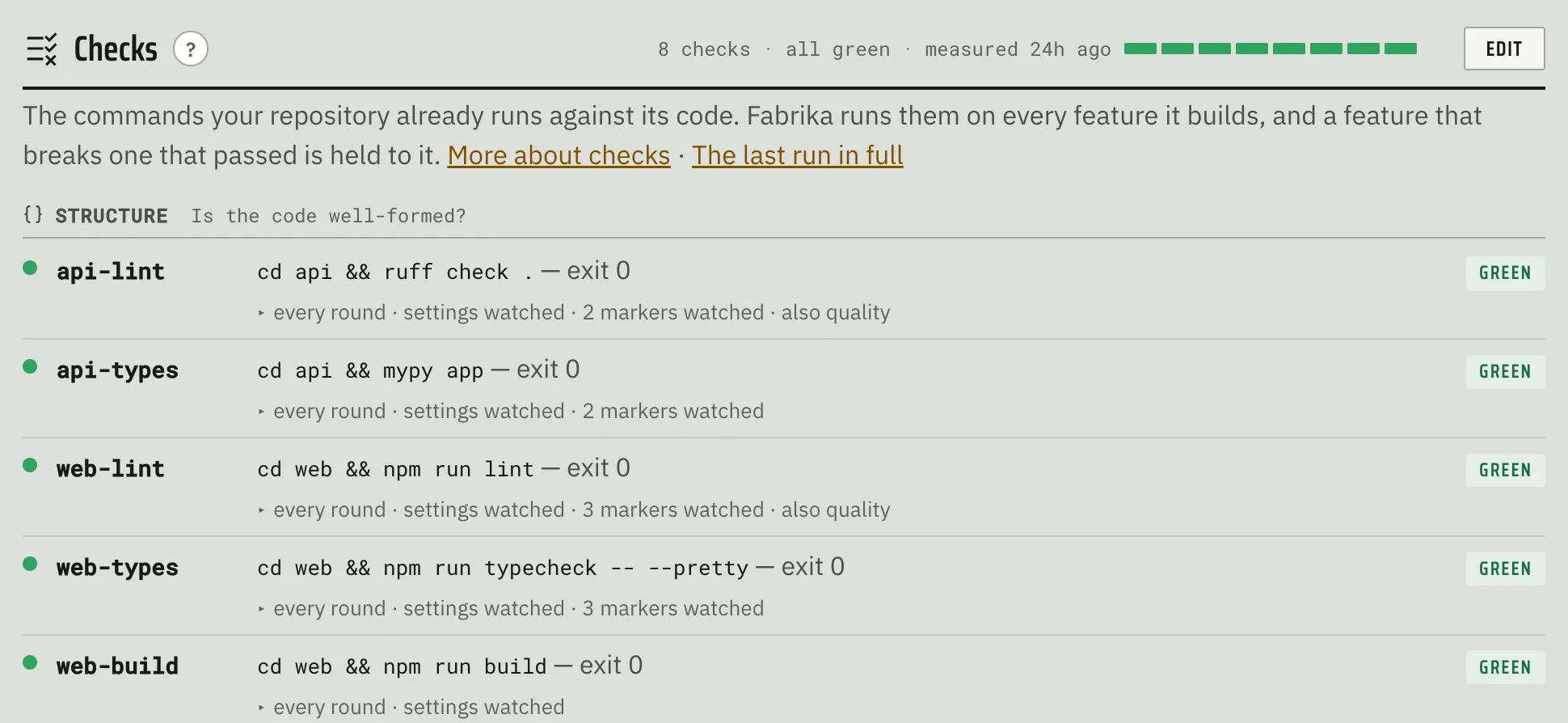 Structure checks: api-lint, api-types, web-lint, web-types and web-build, each with its command and result.