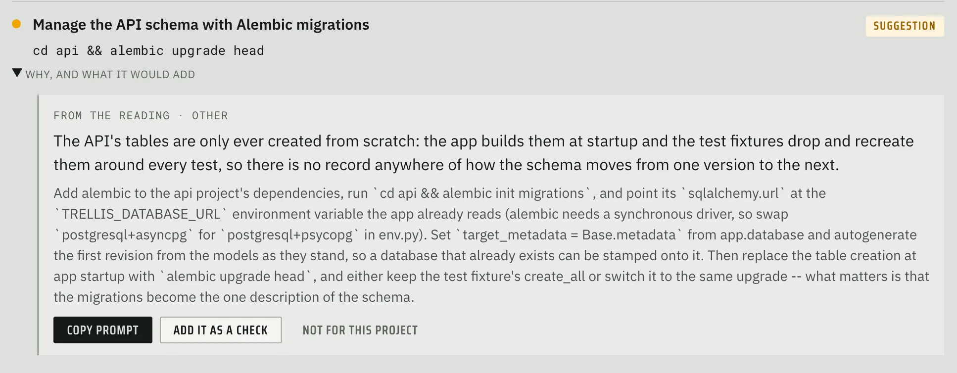 A suggestion to manage the API schema with Alembic migrations, with a ready prompt to copy.